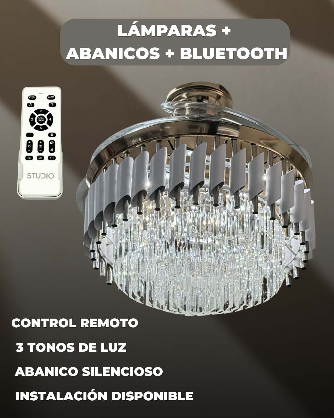 ABANICO TIPO LAMPARA CON BLUETOOTH CON COLGANTES DE LUJO